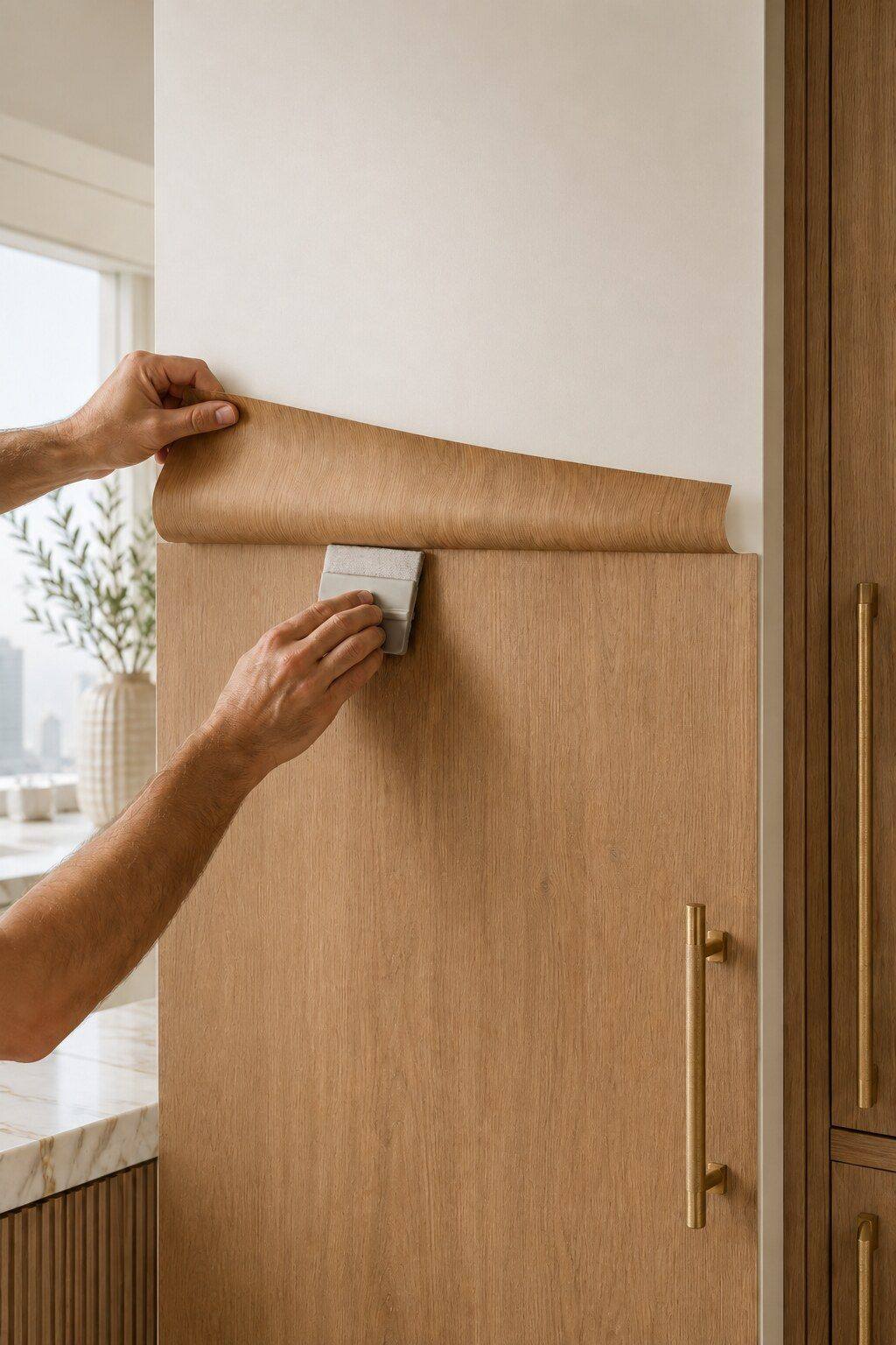 Premium wood-grain vinyl wrap being applied to a modern kitchen cabinet