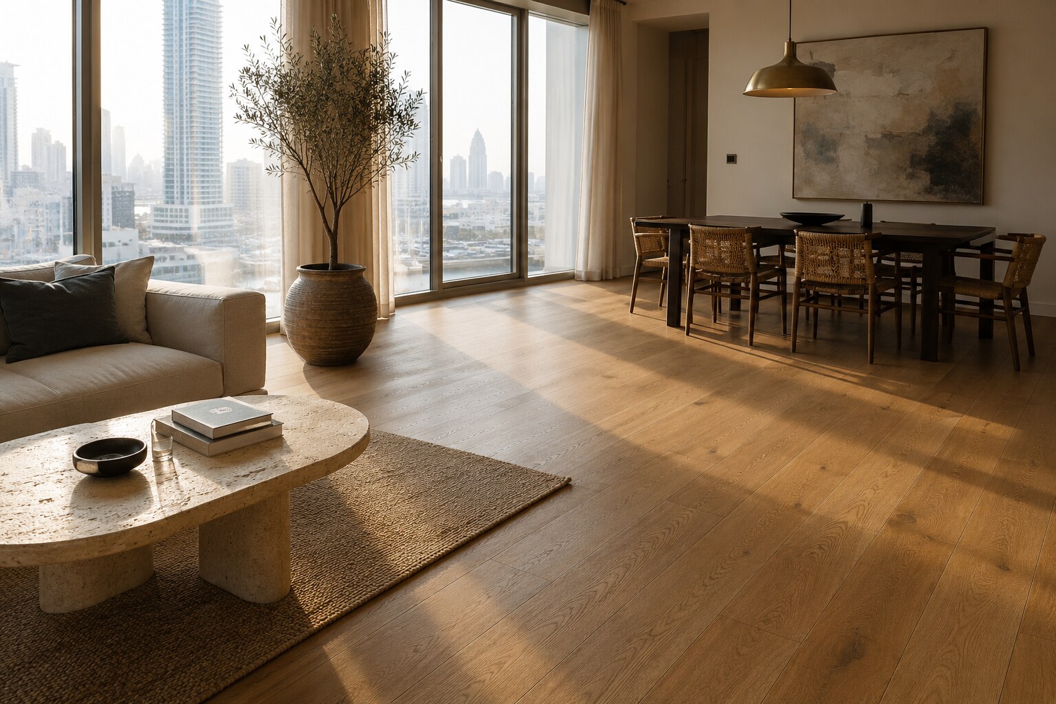 Light golden engineered oak flooring in a high-floor Dubai apartment with the city skyline through floor-to-ceiling windows