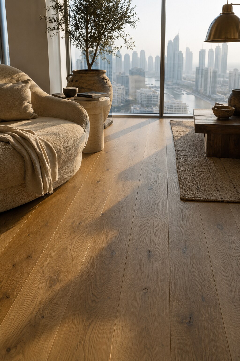 Wide-plank engineered oak in a Dubai apartment with marina view