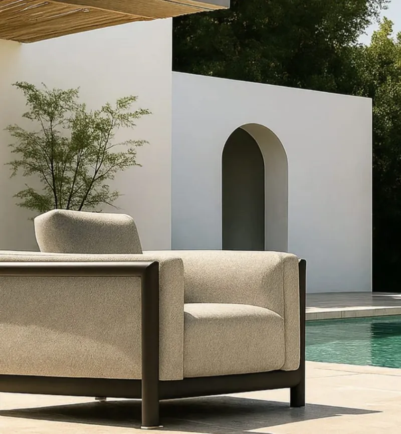 A poolside terrace furnished by Maze Outdoor