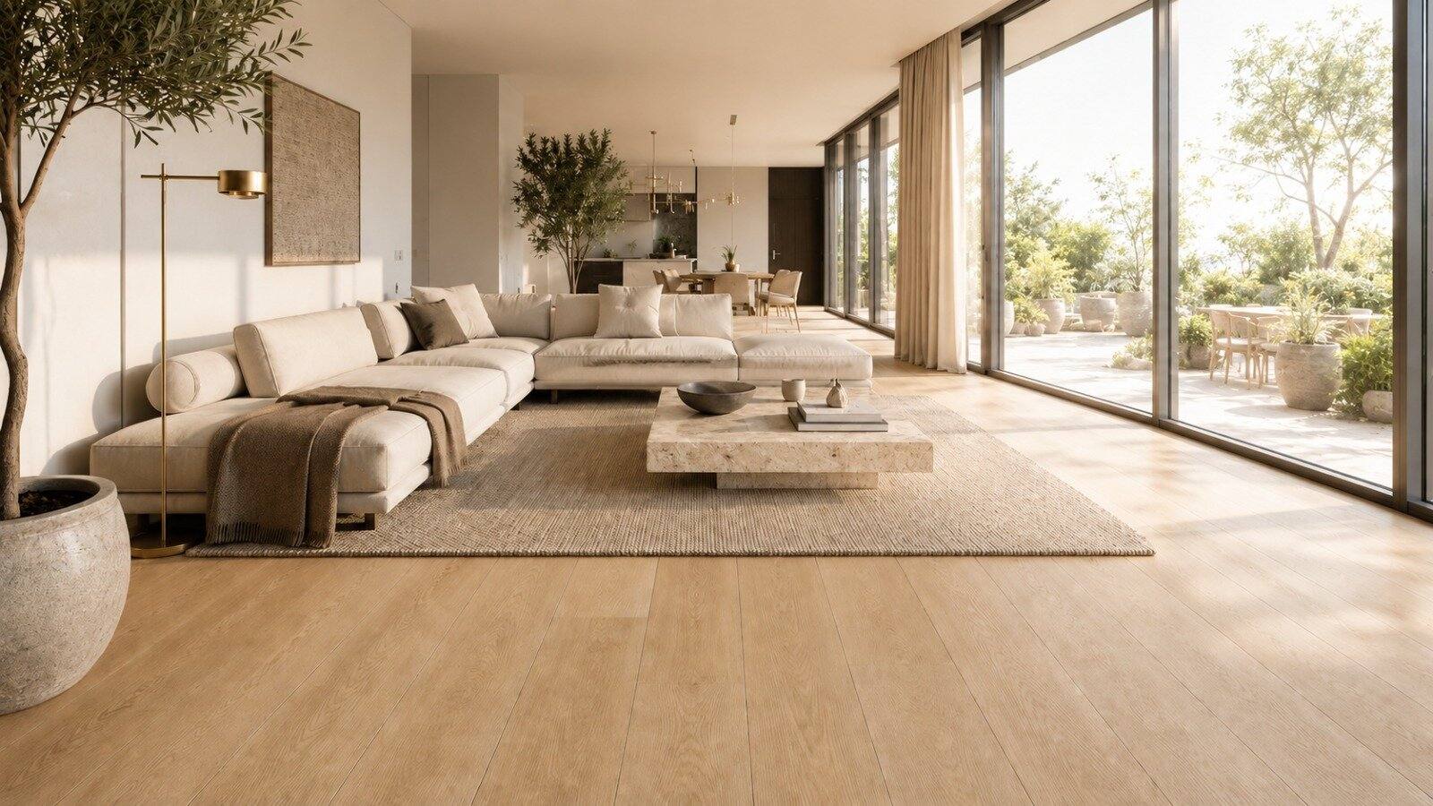 Light oak straight plank in a sun-lit Mediterranean open-plan living room