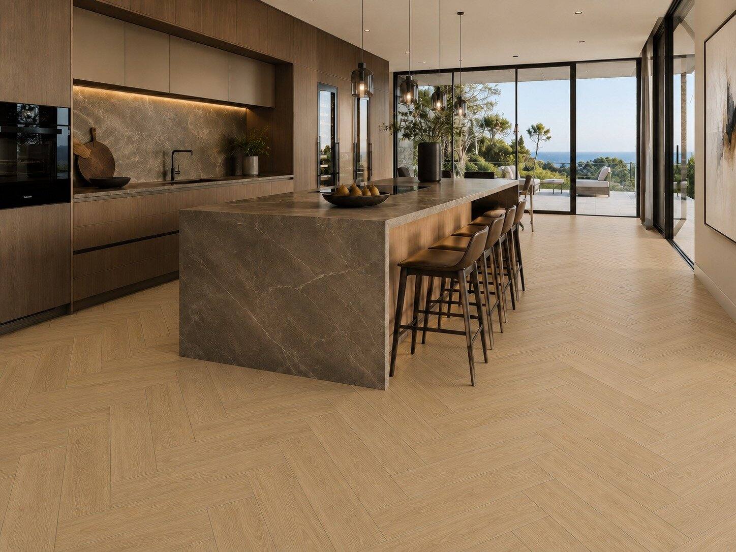 Light oak herringbone in a hilltop kitchen overlooking the sea